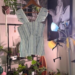 Love + Joy Plus Size Smocked Striped Ruffle Strap Tank Top 1X Blue White